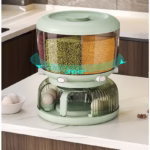 Dozator Etajat de Cereale Flippy, Rotativ 360, 6 Compartimente, Capacitate 10L, Cofraj Special pentru Oua, Vas pentru Scurgerea Cerealelor, 35x27.5 cm, Verde - imagine 20