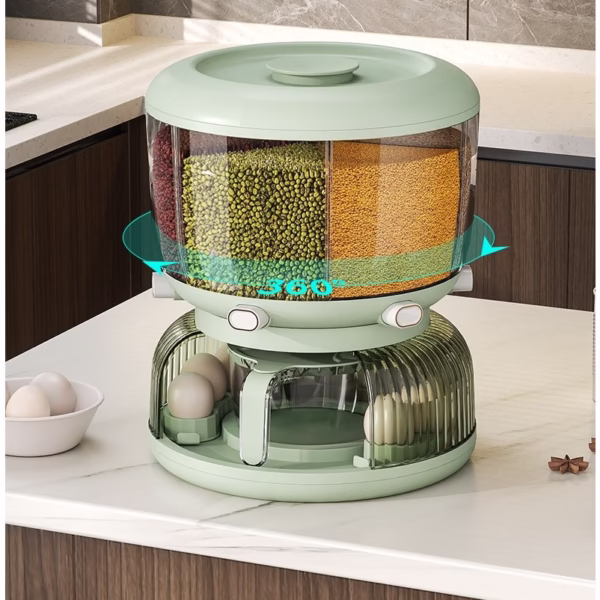 Dozator Etajat de Cereale Flippy, Rotativ 360, 6 Compartimente, Capacitate 10L, Cofraj Special pentru Oua, Vas pentru Scurgerea Cerealelor, 35x27.5 cm, Verde - imagine 4