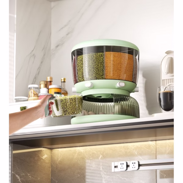 Dozator Etajat de Cereale Flippy, Rotativ 360, 6 Compartimente, Capacitate 10L, Cofraj Special pentru Oua, Vas pentru Scurgerea Cerealelor, 35x27.5 cm, Verde - imagine 5