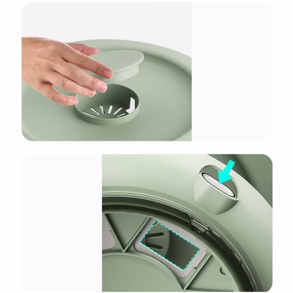 Dozator Etajat de Cereale Flippy, Rotativ 360, 6 Compartimente, Capacitate 10L, Cofraj Special pentru Oua, Vas pentru Scurgerea Cerealelor, 35x27.5 cm, Verde - imagine 11