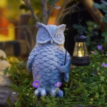 Ornament de Decor pentru Gradina cu LED, Flippy, Model Bufnita cu Felinar, Decoratiune Exterioara pentru Casa si Gradina, din Rasina, 21.5x15 cm, Gri - imagine 3
