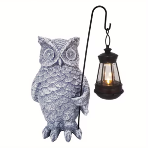 Ornament de Decor pentru Gradina cu LED, Flippy, Model Bufnita cu Felinar, Decoratiune Exterioara pentru Casa si Gradina, din Rasina, 21.5x15 cm, Gri