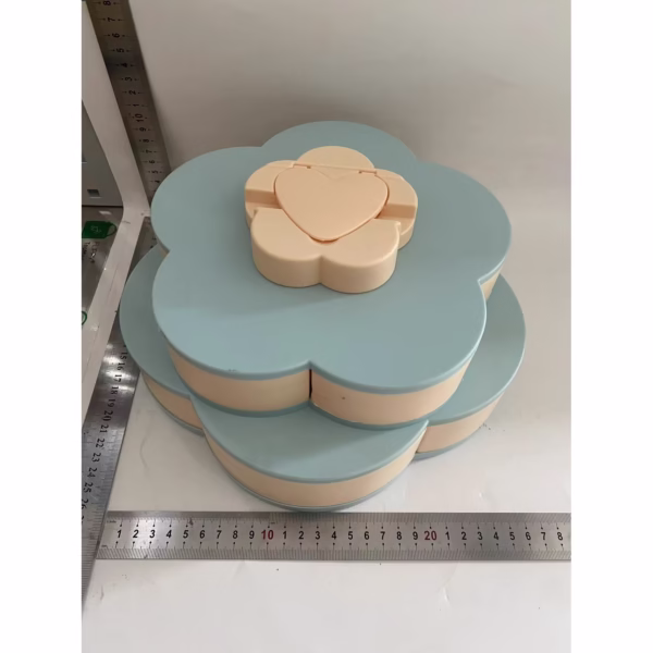 Tava pentru Servire, Flippy, pentru Fructe / Legume / Snackuri, cu Sertare, Deschidere Rotativa, pe 2 Straturi, in Forma de Floare, 26 x 26 x 11.5 cm Albastru - imagine 2