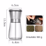 Rasnita Manuala pentru boabe, Flippy, Rasnita pentru Piper Sare Cafea, din Sticla cu Otel inoxidabil, 13.5 x 6.5 cm, volum 180 ml, Transparenta cu Capac din Inox - imagine 2