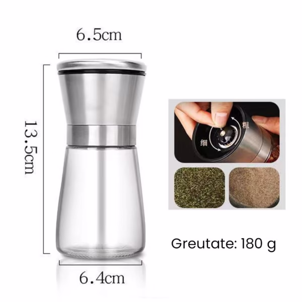 Rasnita Manuala pentru boabe, Flippy, Rasnita pentru Piper Sare Cafea, din Sticla cu Otel inoxidabil, 13.5 x 6.5 cm, volum 180 ml, Transparenta cu Capac din Inox - imagine 2