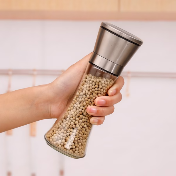 Rasnita Manuala pentru boabe, Flippy, Rasnita pentru Piper Sare Cafea, din Sticla cu Otel inoxidabil, 19.2 x 6.4 cm, volum 200 ml, Transparenta cu Capac din Inox - imagine 3