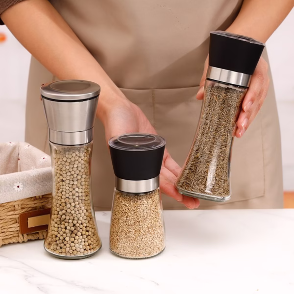 Rasnita Manuala pentru boabe, Flippy, Rasnita pentru Piper Sare Cafea, din Sticla cu Otel inoxidabil, 19.2 x 6.4 cm, volum 200 ml, Transparenta cu Capac din Inox - imagine 4