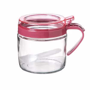 Recipient Condimente, Flippy, din Stilca, 180 ml, cu Maner si Lingurita, 8 x 9 cm, Capac Transparent, Roz