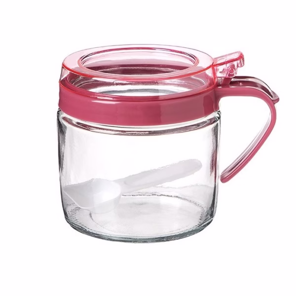 Recipient Condimente, Flippy, din Stilca, 180 ml, cu Maner si Lingurita, 8 x 9 cm, Capac Transparent, Roz - imagine 1