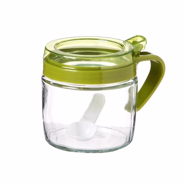 Recipient Condimente, Flippy, din Stilca, 180 ml, cu Maner si Lingurita, 8 x 9 cm, Capac Transparent, Verde - imagine 1