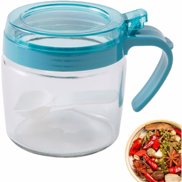 Recipient Condimente, Flippy, din Stilca, 180 ml, cu Maner si Lingurita, 8 x 9 cm, Capac Transparent, Albastru - imagine 6