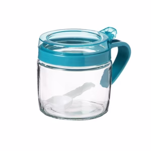 Recipient Condimente, Flippy, din Stilca, 180 ml, cu Maner si Lingurita, 8 x 9 cm, Capac Transparent, Albastru