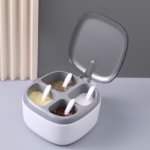Recipient pentru condimente Flippy, 4 casute, potrivit pentru sare, cimbru, piper, condimente, 4 lingurite din plastic, capac din plastic, maner, 14x14x8 cm, alb - imagine 7