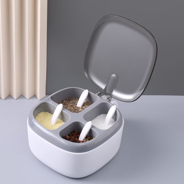 Recipient pentru condimente Flippy, 4 casute, potrivit pentru sare, cimbru, piper, condimente, 4 lingurite din plastic, capac din plastic, maner, 14x14x8 cm, alb - imagine 7