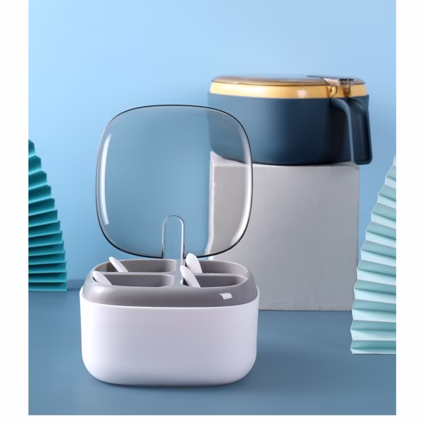 Recipient pentru condimente Flippy, 4 casute, potrivit pentru sare, cimbru, piper, condimente, 4 lingurite din plastic, capac din plastic, maner, 14x14x8 cm, alb - imagine 4