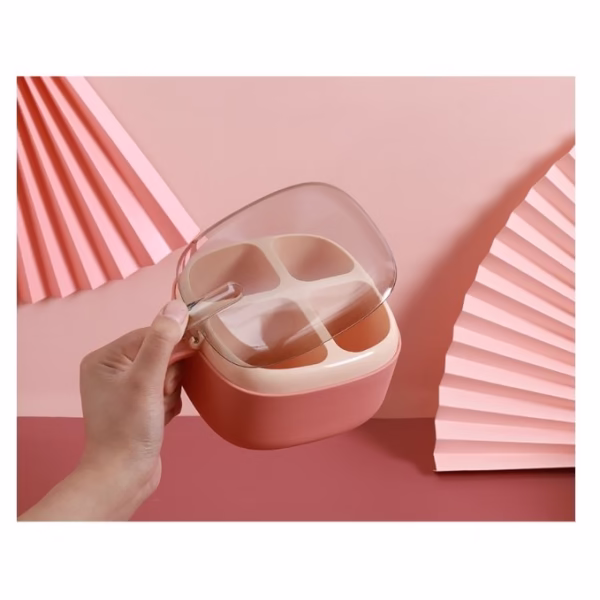 Recipient pentru condimente Flippy, 4 casute, potrivit pentru sare, cimbru, piper, condimente, 4 lingurite din plastic, capac din plastic, maner, 14x14x8 cm, roz - imagine 12