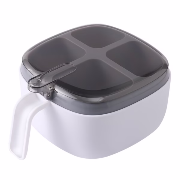 Recipient pentru condimente Flippy, 4 casute, potrivit pentru sare, cimbru, piper, condimente, 4 lingurite din plastic, capac din plastic, maner, 14x14x8 cm, alb - imagine 5
