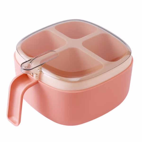 Recipient pentru condimente Flippy, 4 casute, potrivit pentru sare, cimbru, piper, condimente, 4 lingurite din plastic, capac din plastic, maner, 14x14x8 cm, roz - imagine 1