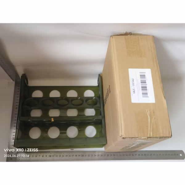 Suport Organizator pentru Oua, Flippy, pentru Frigider, Verde transparent, Capacitate 30 oua, Trei straturi, cu Data de Expirare, 25.5x10x23 cm - imagine 2
