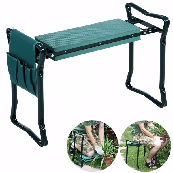 Scaun Multifunctional pentru Gradinarit, Flippy, Inaltime Reglabila, Geanta Laterala pentru unelte, 60 x 49 x 27 cm, Pliabil, Verde - imagine 3