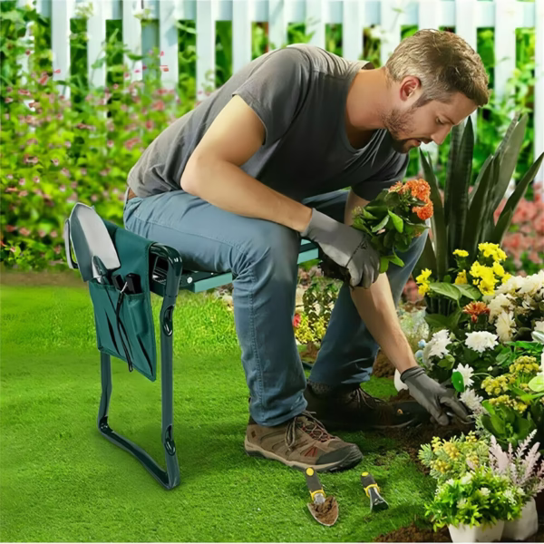 Scaun Multifunctional pentru Gradinarit, Flippy, Inaltime Reglabila, Geanta Laterala pentru unelte, 60 x 49 x 27 cm, Pliabil, Verde - imagine 8