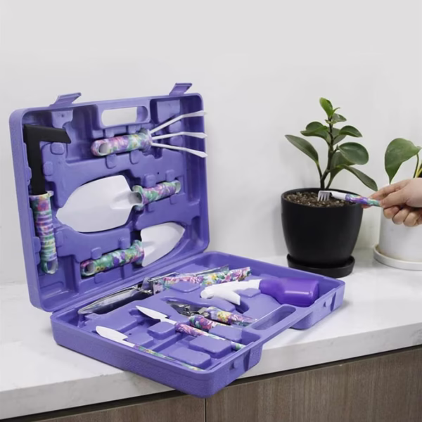 Set 10 Unelte Grădinărit Brico360, Oțel Inoxidabil și PVC, Kit Complet Plantare și Îngrijire cu Cutie Organizatoare, Mov - imagine 3