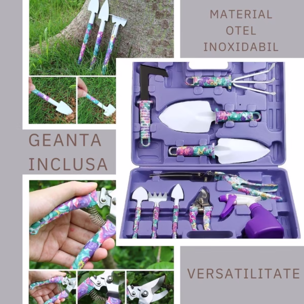 Set 10 Unelte Grădinărit Brico360, Oțel Inoxidabil și PVC, Kit Complet Plantare și Îngrijire cu Cutie Organizatoare, Mov - imagine 5