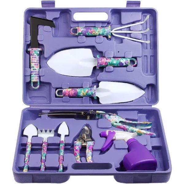 Set 10 Unelte Grădinărit Brico360, Oțel Inoxidabil și PVC, Kit Complet Plantare și Îngrijire cu Cutie Organizatoare, Mov - imagine 1