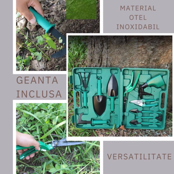Set 10 Unelte Grădinărit Brico360, Oțel Inoxidabil și PVC, Kit Complet Plantare și Îngrijire cu Cutie Organizatoare, Verde - imagine 2
