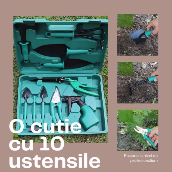 Set 10 Unelte Grădinărit Brico360, Oțel Inoxidabil și PVC, Kit Complet Plantare și Îngrijire cu Cutie Organizatoare, Verde - imagine 3