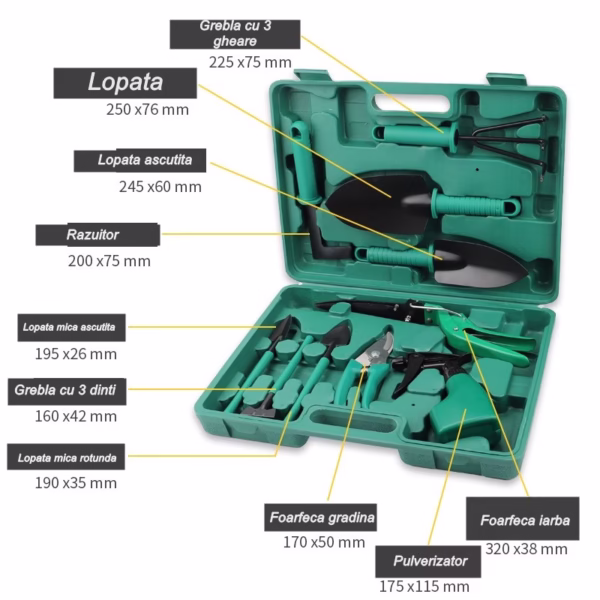 Set 10 Unelte Grădinărit Brico360, Oțel Inoxidabil și PVC, Kit Complet Plantare și Îngrijire cu Cutie Organizatoare, Verde - imagine 7