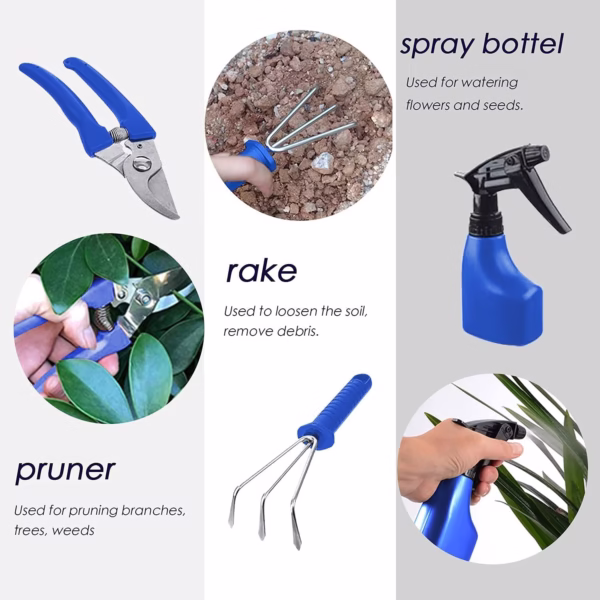 Set 10 Unelte Grădinărit Brico360, Oțel Inoxidabil și PVC, Kit Complet Plantare și Îngrijire cu Cutie Organizatoare, Abastru - imagine 4