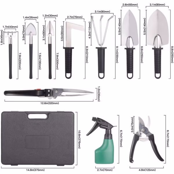 Set 10 Unelte Grădinărit Brico360, Oțel Inoxidabil și PVC, Kit Complet Plantare și Îngrijire cu Cutie Organizatoare, Negru - imagine 2