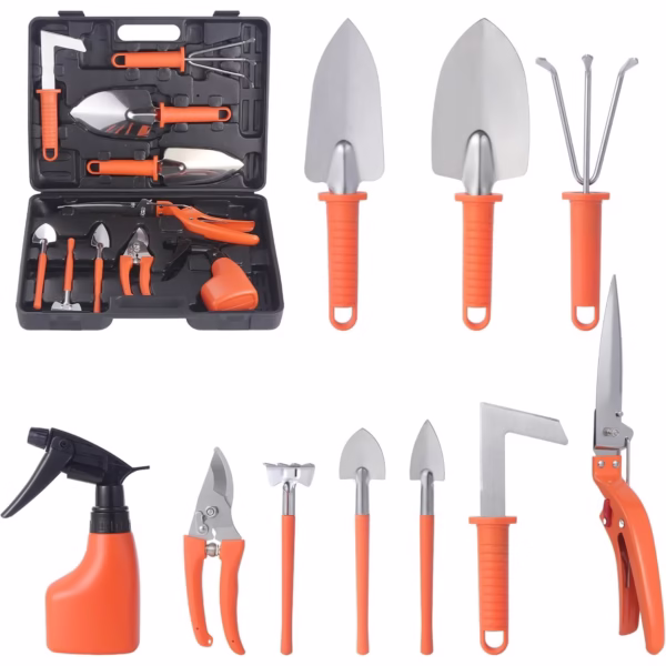 Set 10 Unelte Grădinărit Brico360, Oțel Inoxidabil și PVC, Kit Complet Plantare și Îngrijire cu Cutie Organizatoare, Portocaliu - imagine 2
