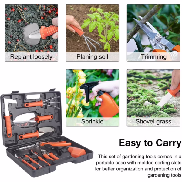 Set 10 Unelte Grădinărit Brico360, Oțel Inoxidabil și PVC, Kit Complet Plantare și Îngrijire cu Cutie Organizatoare, Portocaliu - imagine 3