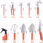 Set 10 Unelte Grădinărit Brico360, Oțel Inoxidabil și PVC, Kit Complet Plantare și Îngrijire cu Cutie Organizatoare, Portocaliu - imagine 8