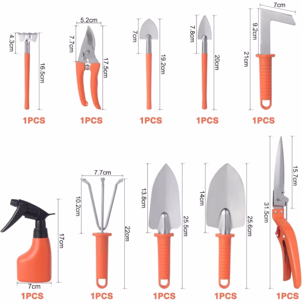 Set 10 Unelte Grădinărit Brico360, Oțel Inoxidabil și PVC, Kit Complet Plantare și Îngrijire cu Cutie Organizatoare, Portocaliu - imagine 8