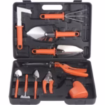 Set 10 Unelte Grădinărit Brico360, Oțel Inoxidabil și PVC, Kit Complet Plantare și Îngrijire cu Cutie Organizatoare, Portocaliu