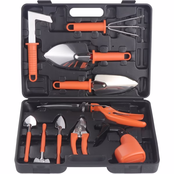 Set 10 Unelte Grădinărit Brico360, Oțel Inoxidabil și PVC, Kit Complet Plantare și Îngrijire cu Cutie Organizatoare, Portocaliu - imagine 1