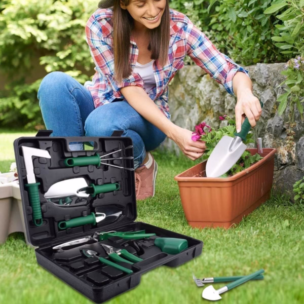 Set 10 Unelte Grădinărit Brico360, Oțel Inoxidabil și PVC, Kit Complet Plantare și Îngrijire cu Cutie Organizatoare, Verde - imagine 2
