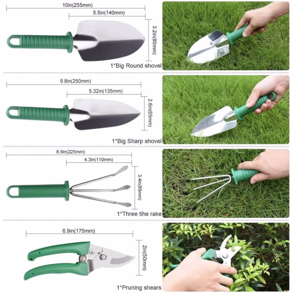 Set 10 Unelte Grădinărit Brico360, Oțel Inoxidabil și PVC, Kit Complet Plantare și Îngrijire cu Cutie Organizatoare, Verde - imagine 3