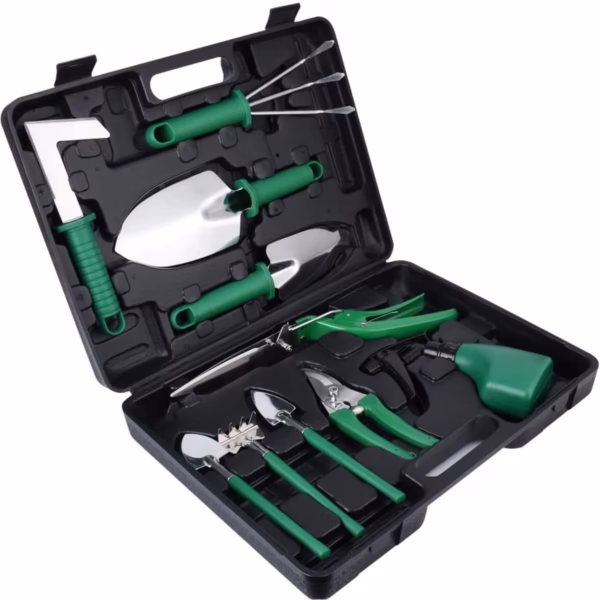 Set 10 Unelte Grădinărit Brico360, Oțel Inoxidabil și PVC, Kit Complet Plantare și Îngrijire cu Cutie Organizatoare, Verde - imagine 1