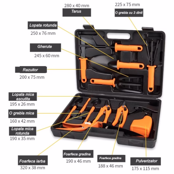 Set 12 accesorii pentru gradinarit Flippy, geanta depozitare inclusa, otel inoxidabil, 37 x 27 cm, portocaliu - imagine 2
