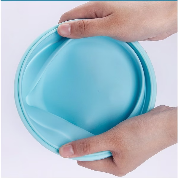 Set 2 caserole rotunde pliabile Flippy, din silicon, rezistenta la temperaturi ridicate, usor de depozitat si curatat, 500 si 800 ml, utilizare in cuptorul cu microunde, albastra - imagine 3