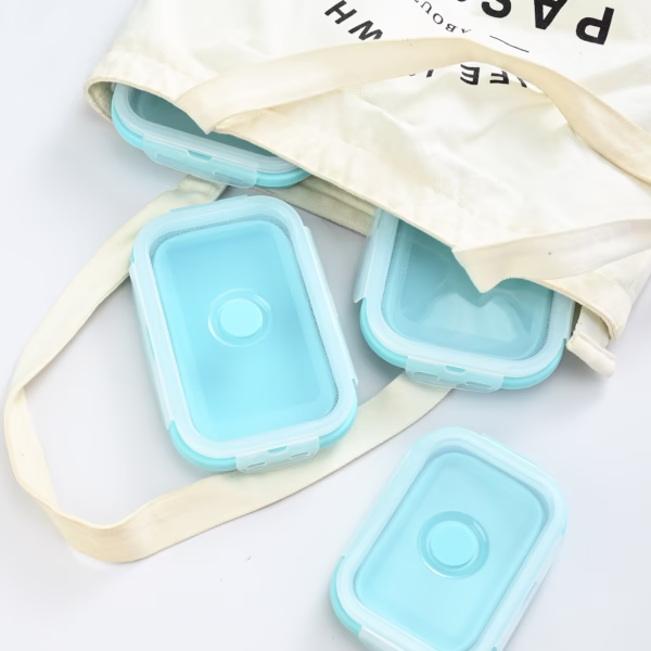 Set 3 caserole pliabile Flippy, din silicon, rezistenta la temperaturi ridicate, usor de depozitat si curatat, 350/500/800 ml, utilizare in cuptorul cu microunde, albastra - imagine 5