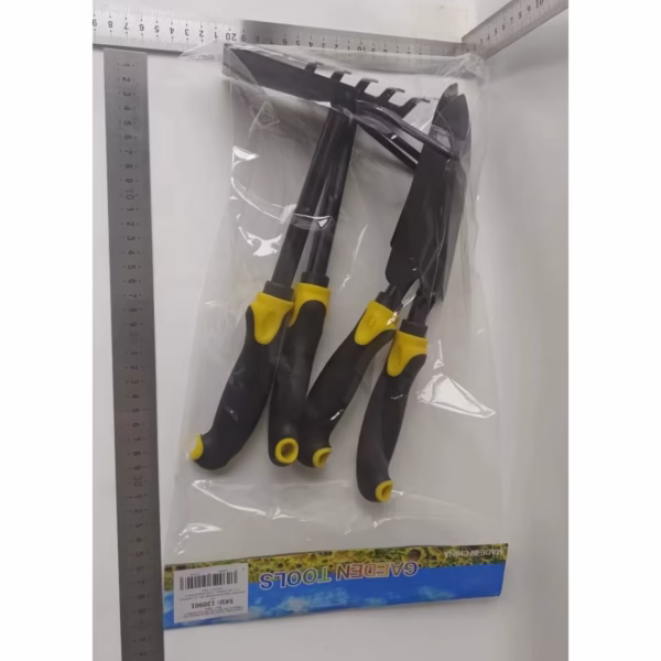 Set 4 Unelte de Gradina Flippy, pentru Plantare, Prelucrare Sol si Ingrijire Plante, Material PVC Carbon, Grebla, Sapaliga cu Cap Dublu, Lopata Mica, Lopata Lata, 43 x 11 cm, Negru/Galben - imagine 2