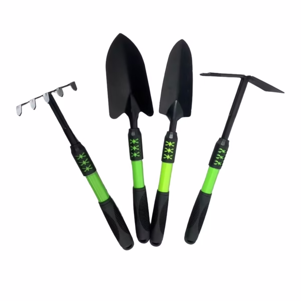 Set 4 Unelte de Gradina Flippy, pentru Plantare, Prelucrare Sol si Ingrijire Plante, Material PVC Carbon, Grebla, Sapaliga cu Cap Dublu, Lopata Mica, Lopata Lata, 43 x 11 cm, Negru/Verde - imagine 1