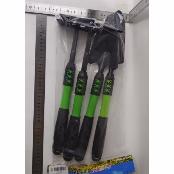 Set 4 Unelte de Gradina Flippy, pentru Plantare, Prelucrare Sol si Ingrijire Plante, Material PVC Carbon, Grebla, Sapaliga cu Cap Dublu, Lopata Mica, Lopata Lata, 43 x 11 cm, Negru/Verde - imagine 3
