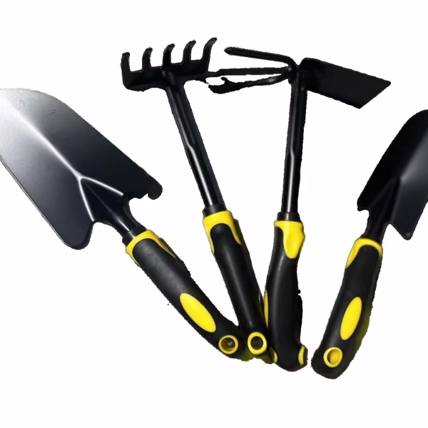 Set 4 Unelte de Gradina Flippy, pentru Plantare, Prelucrare Sol si Ingrijire Plante, Material PVC Carbon, Grebla, Sapaliga cu Cap Dublu, Lopata Mica, Lopata Lata, 43 x 11 cm, Negru/Galben - imagine 1