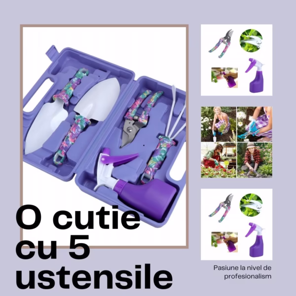 Set 5 accesorii pentru gradinarit Flippy, geanta depozitare inclusa, otel inoxidabil, 38 x 29 cm, mov - imagine 2